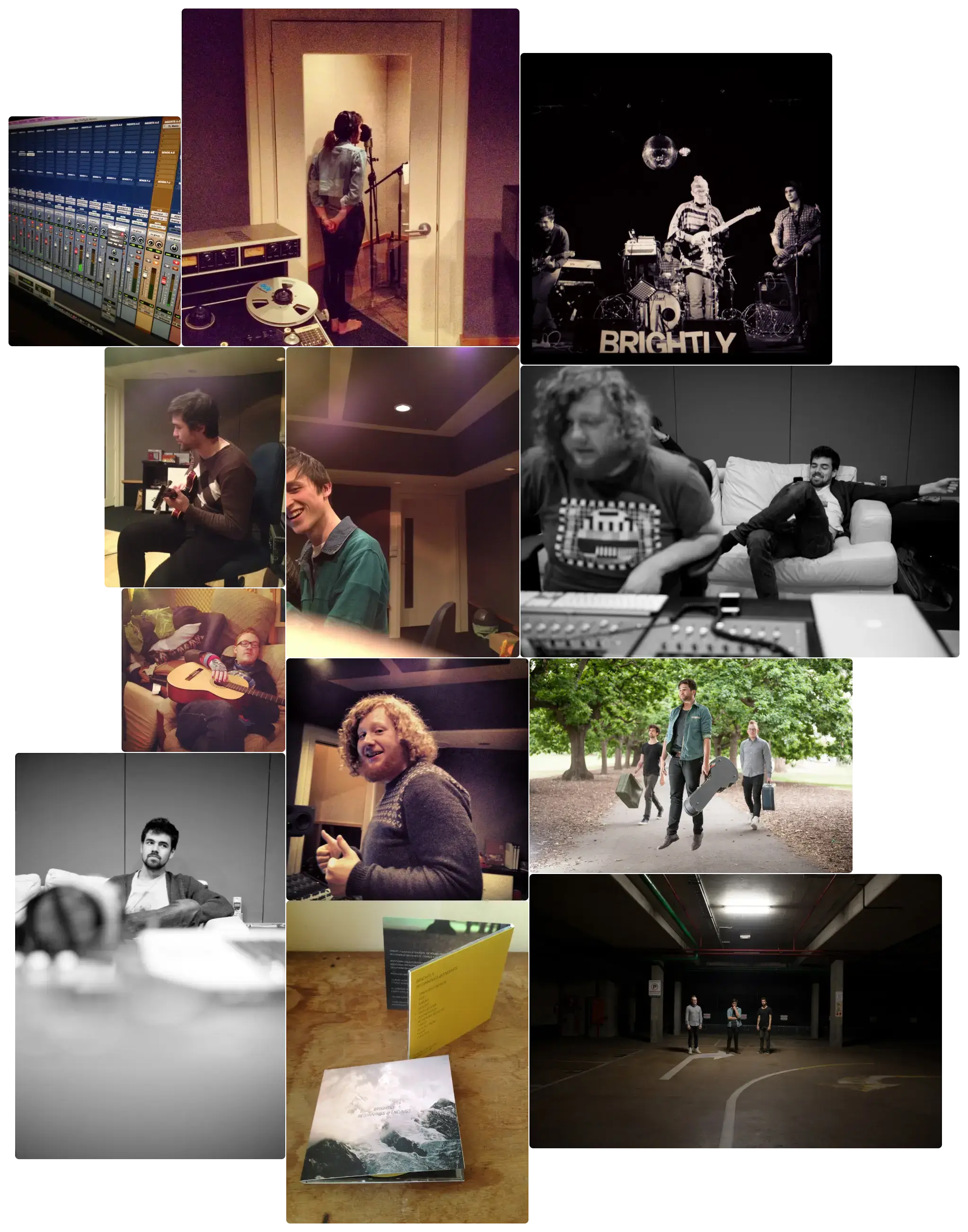 A collage of photos of Brightly during the recording of Beginnings & Endings